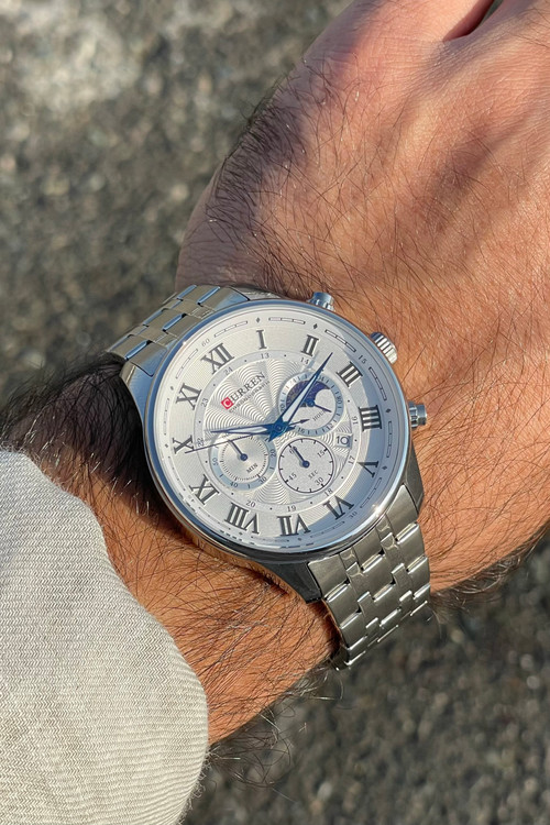 ساعت مچی مردانه کارن 8427 نقره ای-مشکی (کورن CURREN) سه موتور فعال